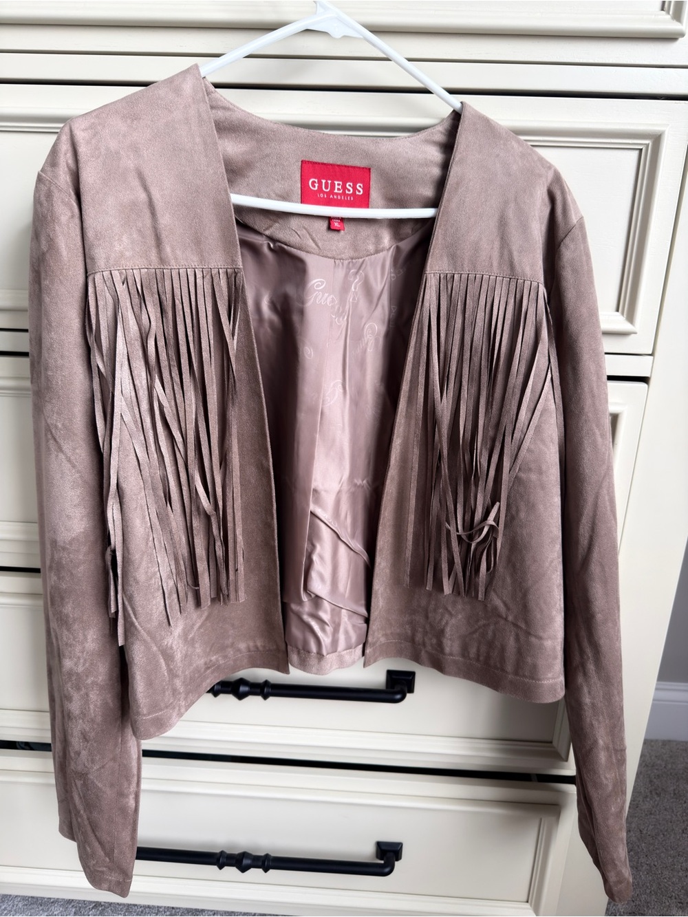 GUESS Mauve Taupe Fringe Faux Suede Jacket